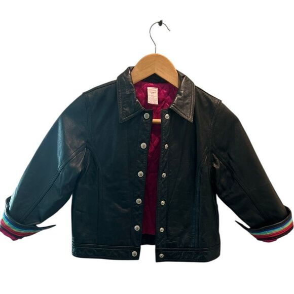 Gymboree Other - Gymboree Genuine Leather Jacket Girls XL 7 Black Moto Style 2001 Rainbow Cuffs